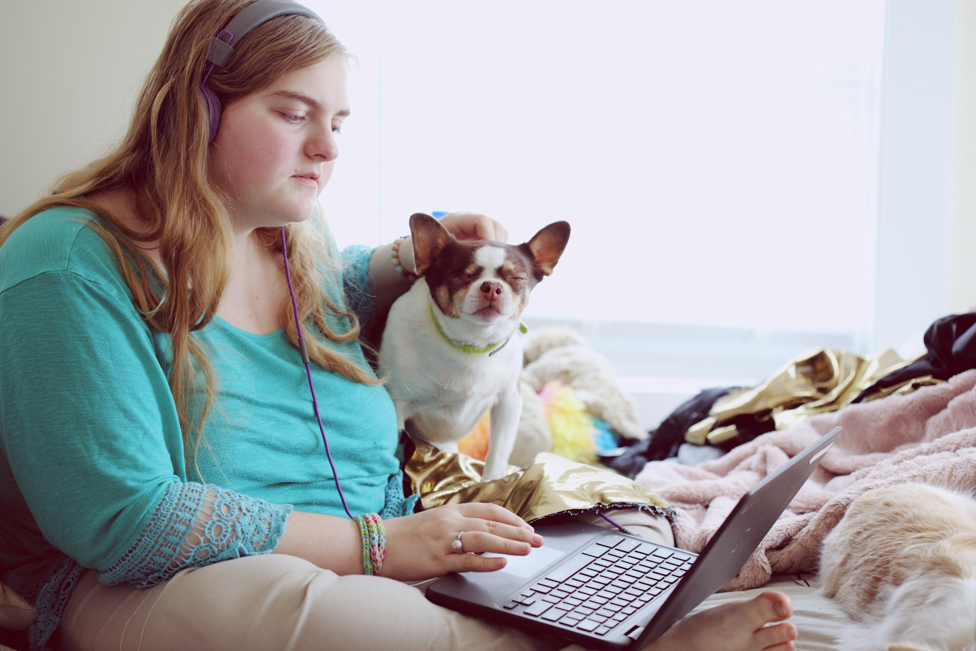 Girl on her laptop petting her dog